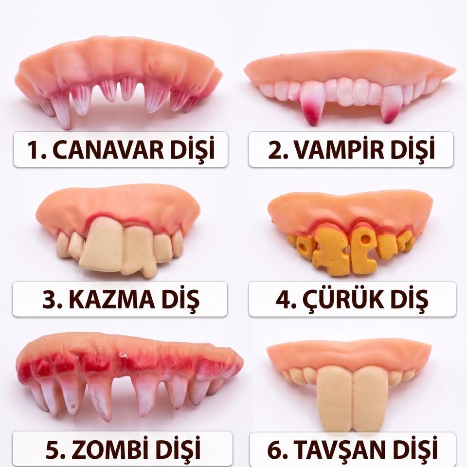 Komik ve Korkunç Şaka Dişi 6'lı Set - Farklı Modellerde Çirkin Takma Diş Kostüm Aksesuarı 2. Vampir Diş