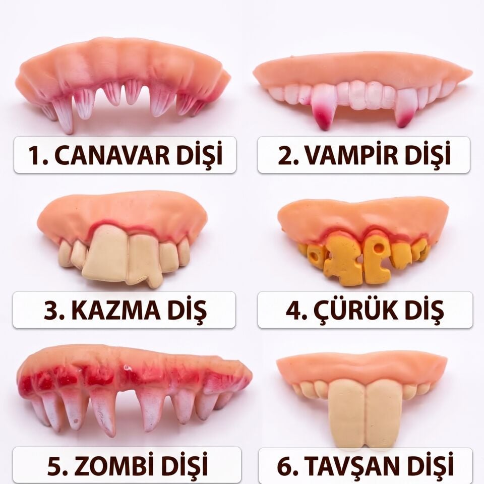 Komik ve Korkunç Şaka Dişi 6'lı Set - Farklı Modellerde Çirkin Takma Diş Kostüm Aksesuarı 3. Kazma Diş